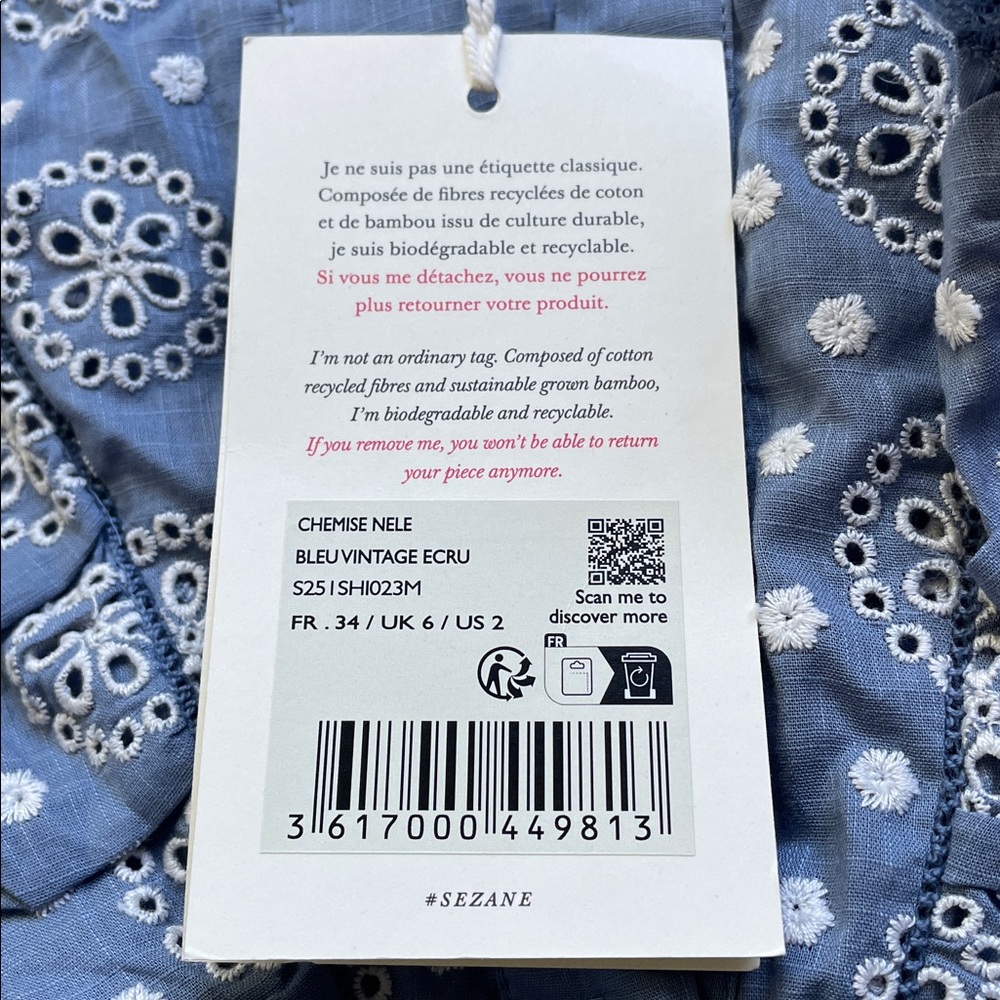 Sezane Nele embroidered vintage ruffle blue cropped shirt. NWT!! - Picture 3 of 16